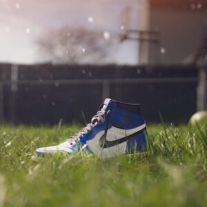 home A blue Nike sneaker sits in vibrant green grass, capturing a sunny outdoor scene.